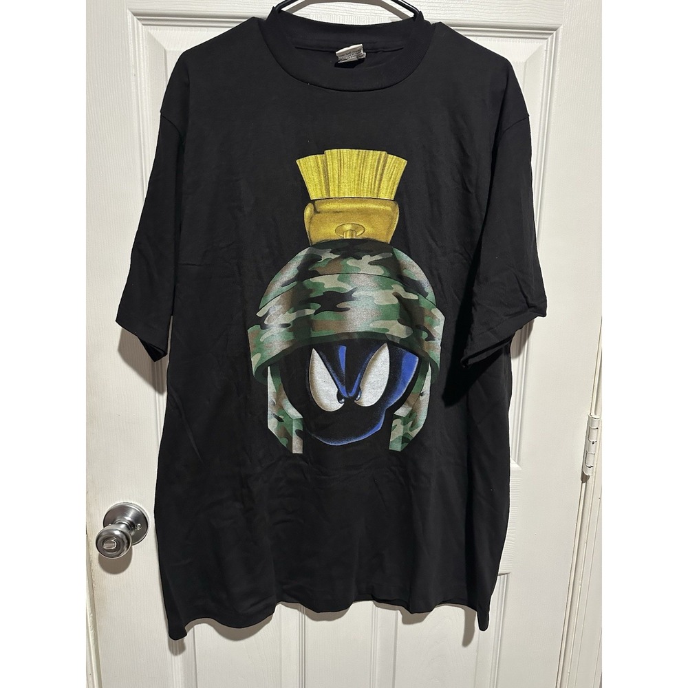 Vintage‎ 1997 Marvin The Martian T Shirt Looney Tunes Camo Helmet Black XL USA